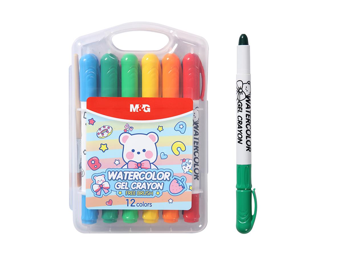 M&G Watercolor Gel Crayons 12 Colors With Brush In Plastic Box