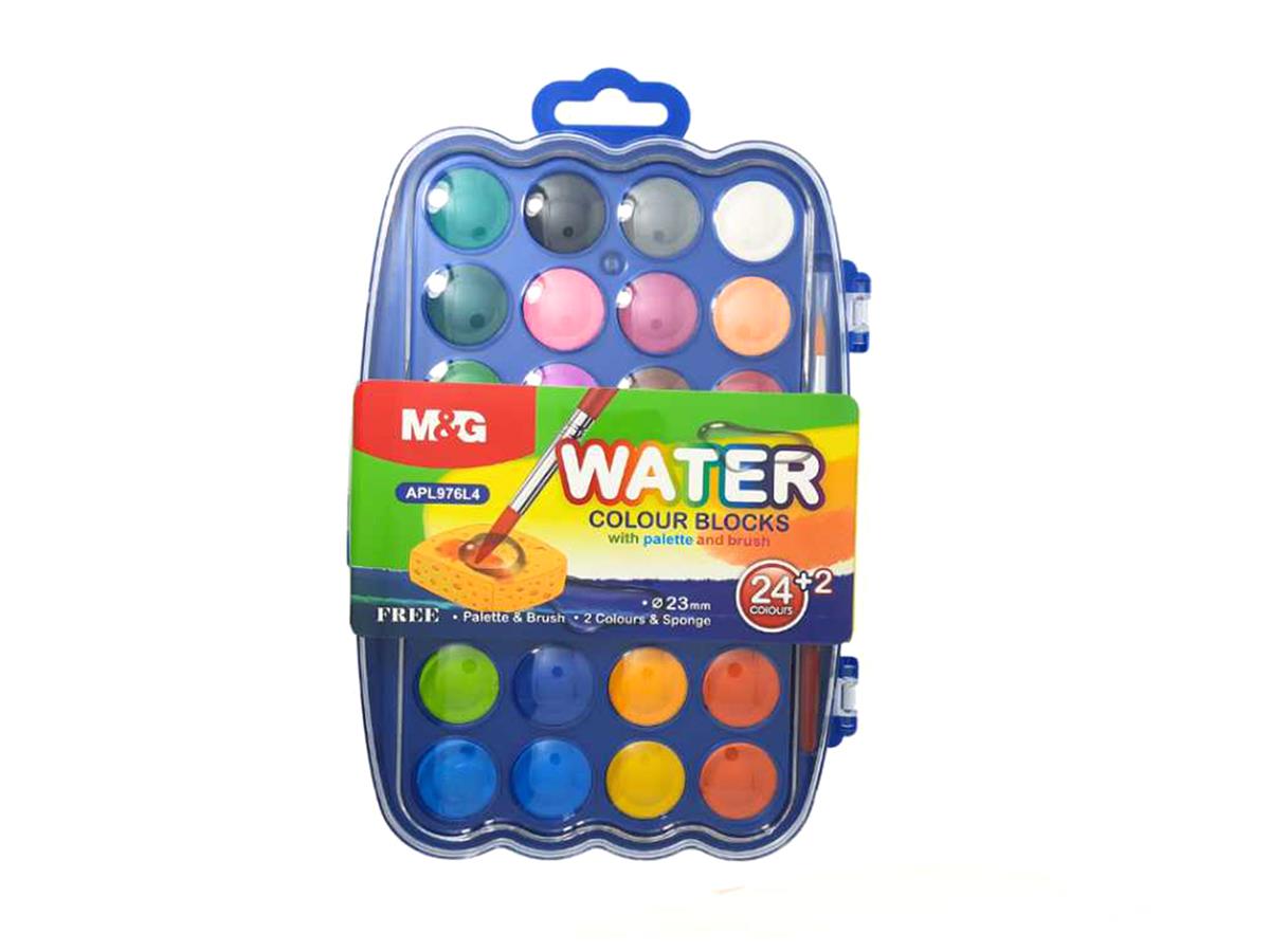 M&G Watercolor Blocks 24+2 Colors 23Mm With Palette Sponge And Brush