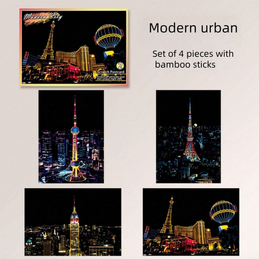 1 set of 4pcs Modern city poscard Scratch Art (15*21)