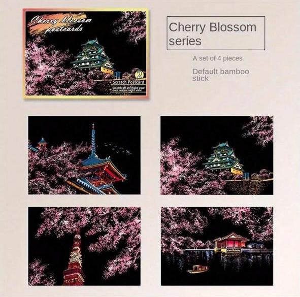 1 set of 4pcs Cherry blossom poscard Scratch Art (15*21)