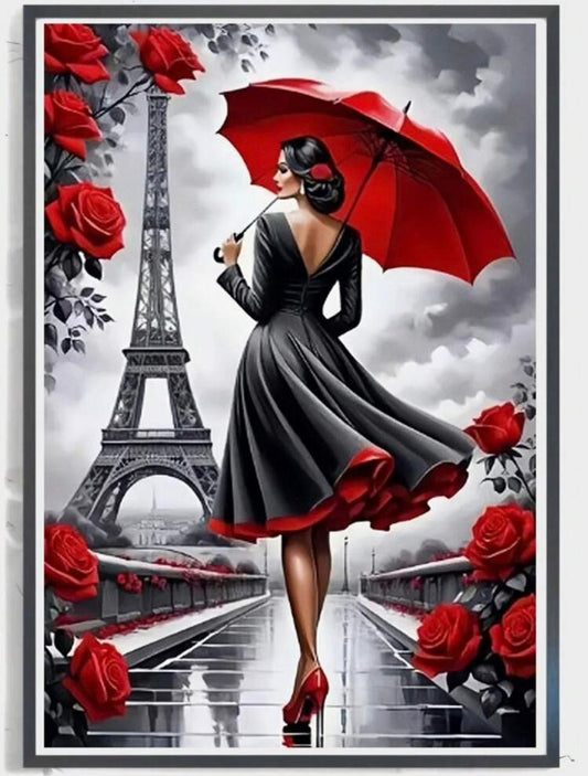 Eiffel Tower with woman and rose flower (40*50)